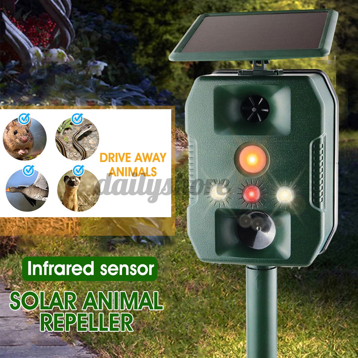 Infrared Sensor Ultrasonic Animal Control Flashing Repeller Outdoor Garden Home