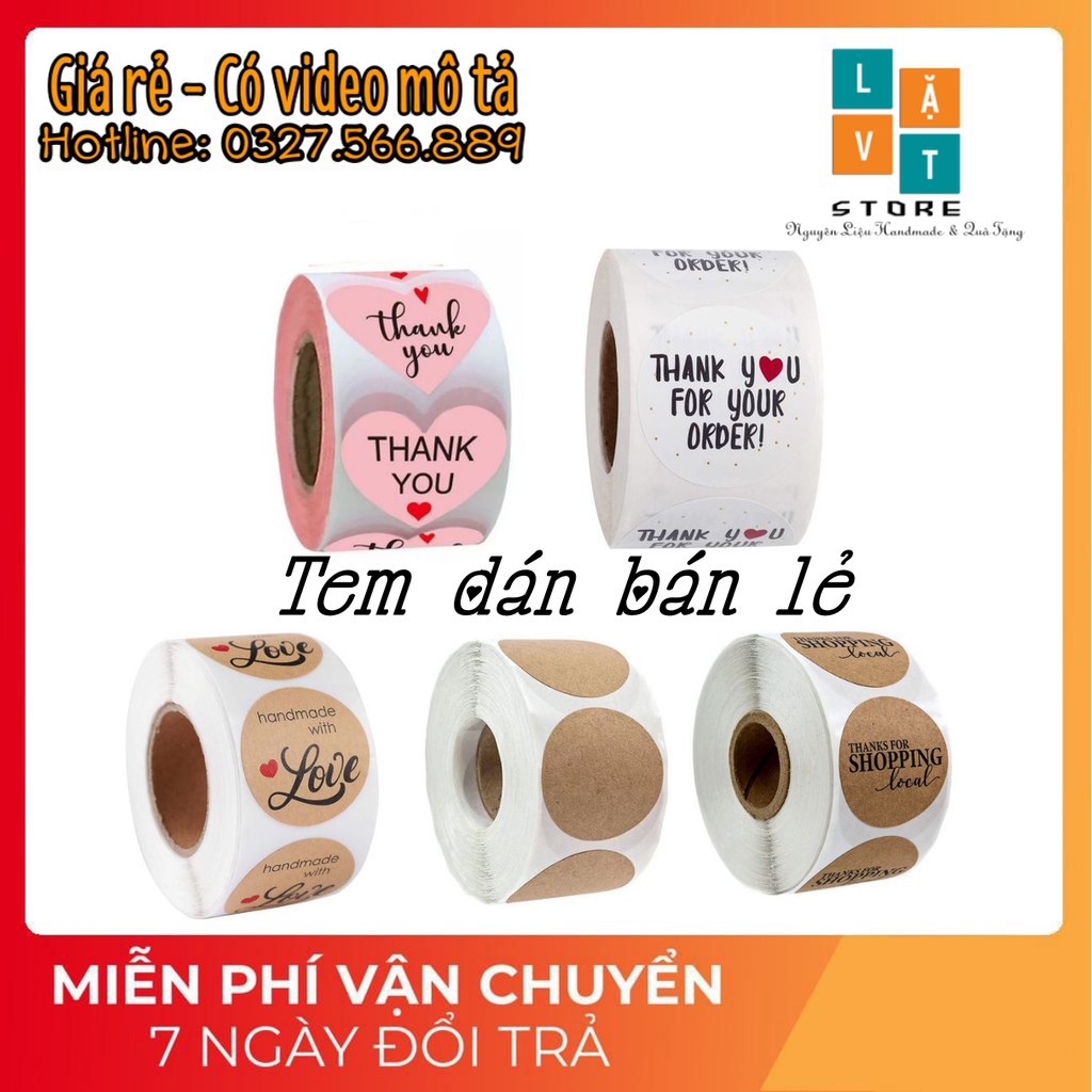 [Bán lẻ] Tem decal tròn để dán sản phẩm, hộp quà, cảm ơn, handmade with love, thank you shopping, Noel Merry Christm