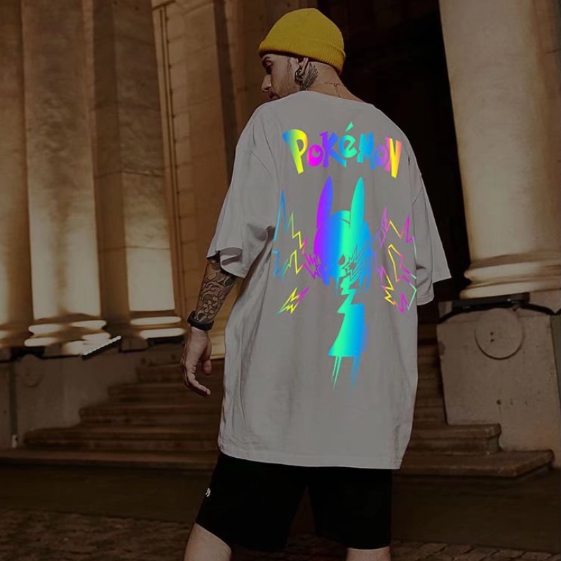 Áo Thun Tay Ngắn Cổ Tròn In Hình Pikachu Phản Quang Nhiều Màu Thời Trang Phong Cách Mỹ Cho Nam Size M-5XL