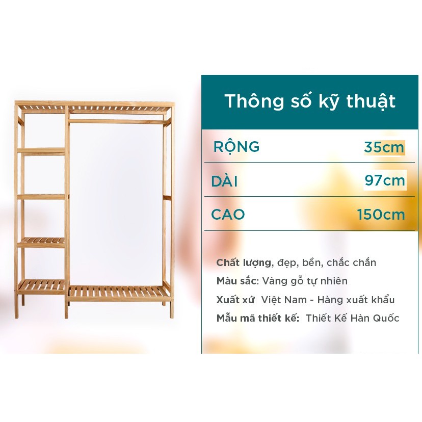 ⭐️[Giá Sốc]⭐️Tủ , Kệ Treo Quần Áo Lắp Ráp 2 Gian Gỗ Thông Tự Nhiên Phong Cách Hàn Quốc