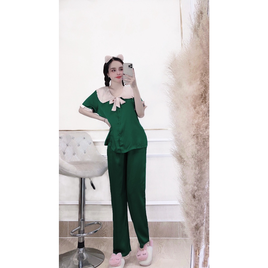 [FREESHIP 50K] Bộ lụa Pijama NHISTORE Bộ Quần Dài Tay Ngăn Lụa Satin Cổ Phối Bèo Nơ Tiểu Thư Freesize Dướ 57kg