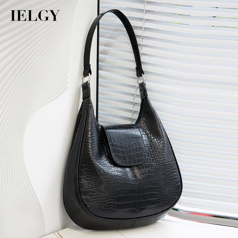 Túi đeo vai IELGY họa tiết da cá sấu màu đen cỡ lớn thời trang thanh lịch cho nữ