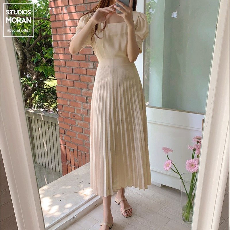 (HÀNG SẴN) Váy MORAN cổ vuông tay phồng thắt nơ eo xòe dài xếp ly nhẹ nhàng tiểu thư thanh lịch Hàn Quốc | BigBuy360 - bigbuy360.vn