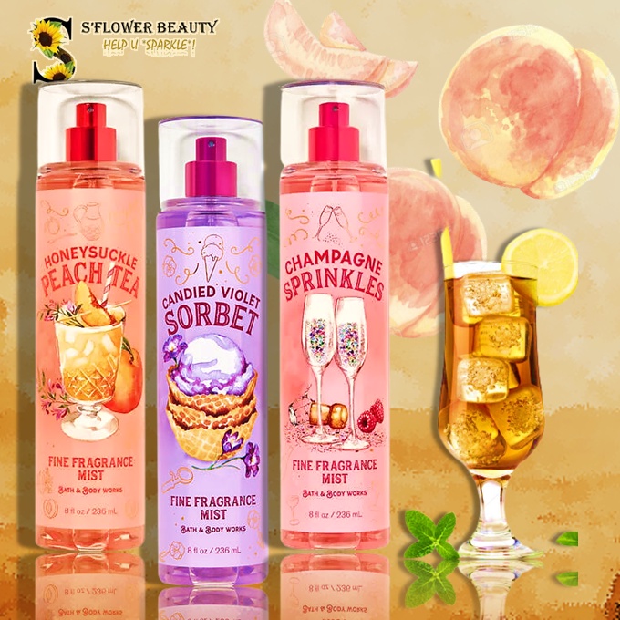 🍰 🍑 Xịt Thơm Toàn Thân Bath & Body Works Body Mist - Honeysuckle Peach Tea | Champagne Sprinkles | Candied Violet Sorbet