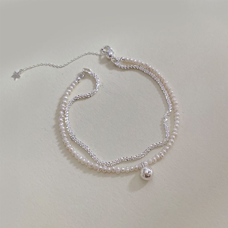 Vòng tay bạc nữ S925 - Lắc tay nữ bạc Ý 2 lớp hạt trai nhân tạo chuông nhỏ Aring sang trọng Zaza accessories