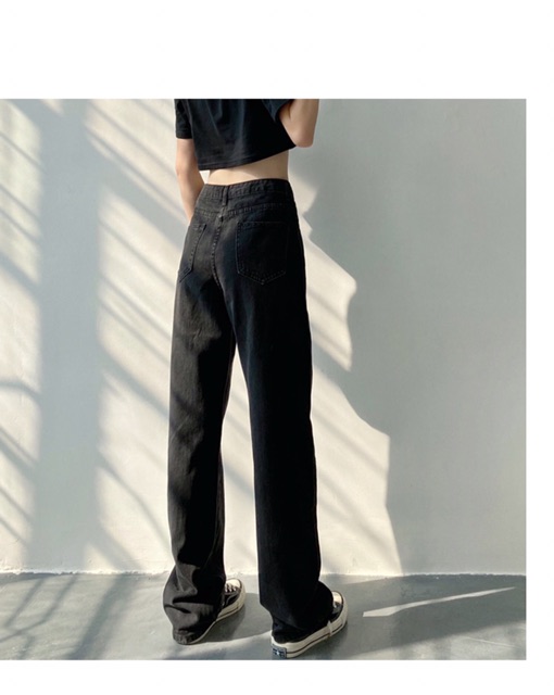 Quần Dài Jeans Suông Lưng Cao Qua Rốn BigSize / Quần Suông Ống Rộng ĐEN TRƠN/RÁCH 1 Gối- Không Giãn | BigBuy360 - bigbuy360.vn