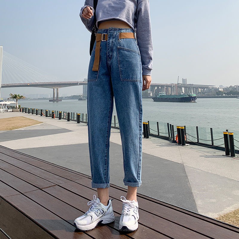 Quần jean nữ ống đứng lưng cao túi trước phối dây đai kiểu dáng Hàn Quốc phong cách cá tính | WebRaoVat - webraovat.net.vn