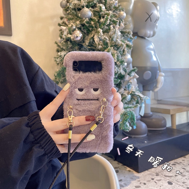 Bao Da Điện Thoại Nắp Gập Phối Lông Họa Tiết Thêu Vui Nhộn Cho samsung galaxy z flip 4g 5 4 3 flip4 flip3 5g Ốp