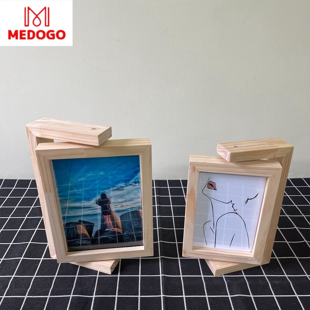 Khung ảnh gỗ MEDOGO để bàn xoay 360, gỗ thông nhập khẩu trang trí nhà cửa phong cách hiện đại