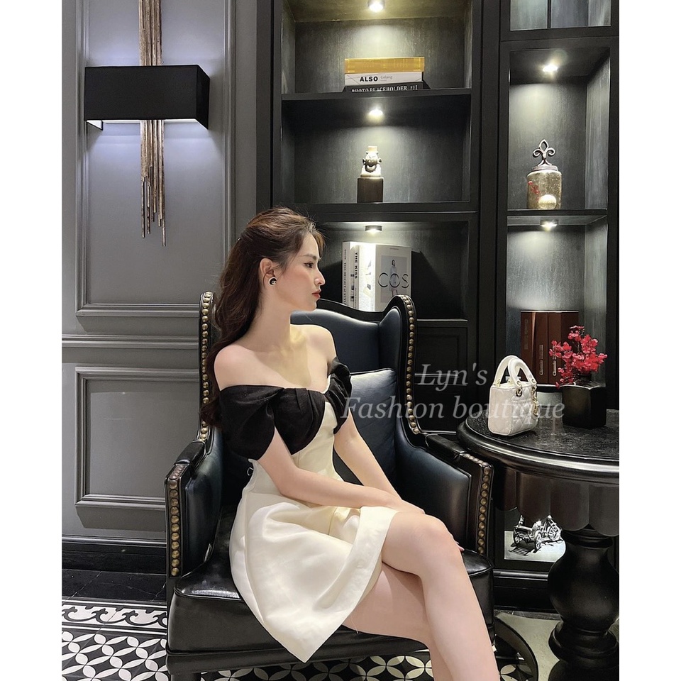 Váy Đầm Thiết Kế ,Váy Trễ Vai Nơ Ngực Cách Điệu Chất Liệu TAFTA