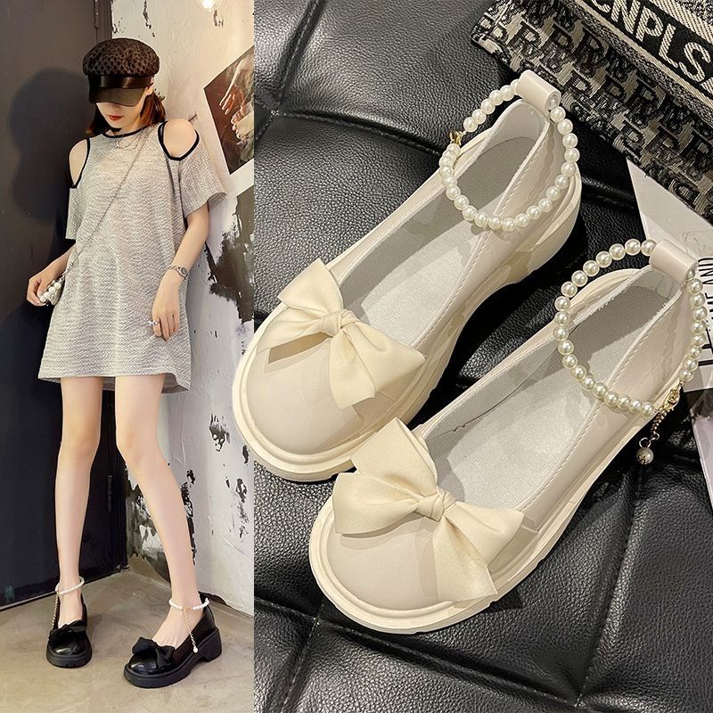 Giày Da Đế Dày Đính Nơ Ngọc Trai Phong Cách Lolita Dễ Phối Đồ Dành Cho Nữ