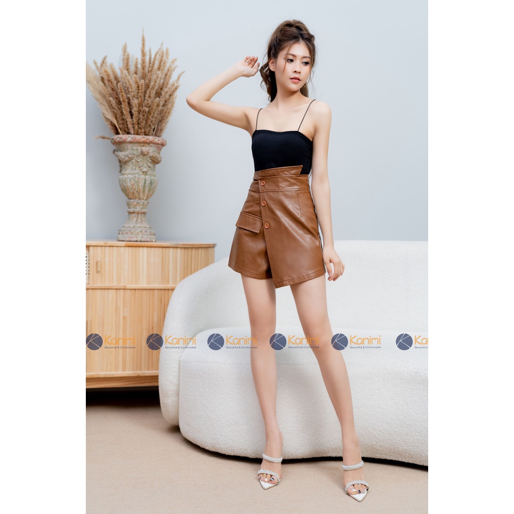 Chân váy da chữ a cạp chéo Kanimi - quần giả váy vạt chéo 3 cúc cực hot