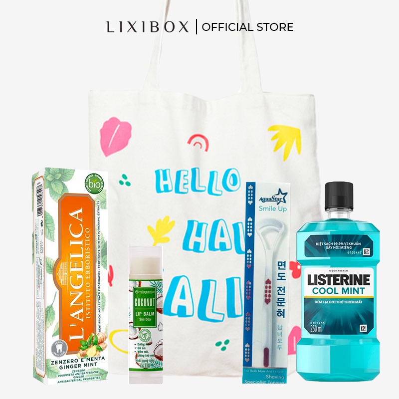 [HB Gift] Set Kem Đánh Răng L'angelica 75ml, Túi Tote Halio, Cạo lưỡi AquaStar, nước súc miệng Listerine, son Milaganics