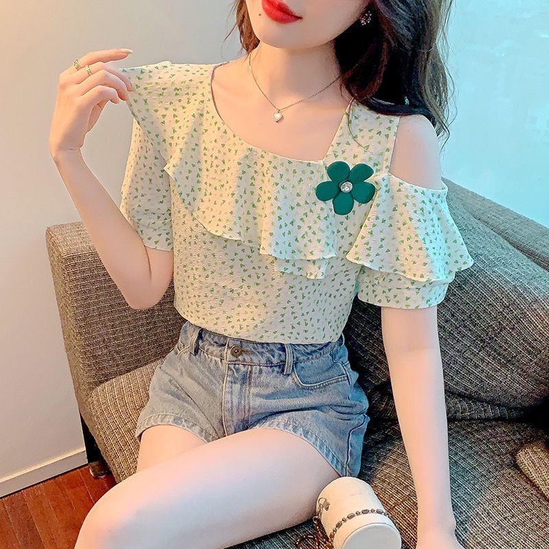 Áo Sơ Mi Chiffon Tay Ngắn Phối Bèo Thời Trang Mùa Hè Dành Cho Nữ