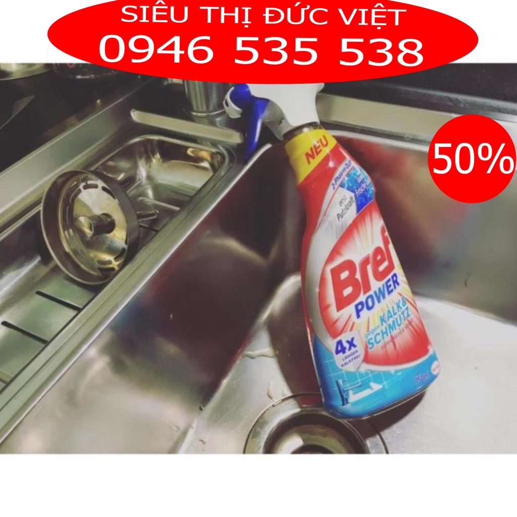 Vệ sinh tẩy cặn Canxi trên Inox, vách kính, sen vòi BREF Power Kalk &amp; Schmutz chai 750ml (nhập khẩu Đức)