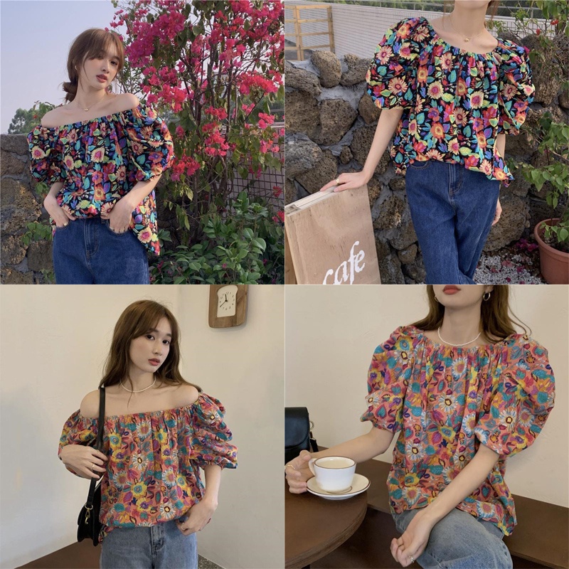 Áo Hoa Trễ Vai Tay Phồng Plus Size Phong Cách Hàn Quốc Cho Nữ