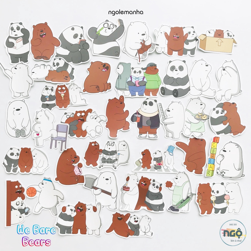 Bộ 36 Stickers Bộ 3 Gấu Trắng Nâu Trúc