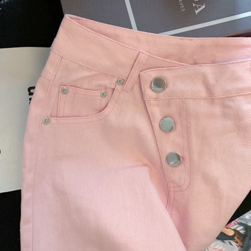 Quần short denim RENJIANVSHENG 175587 lưng cao ống rộng thiết kế độc đáo