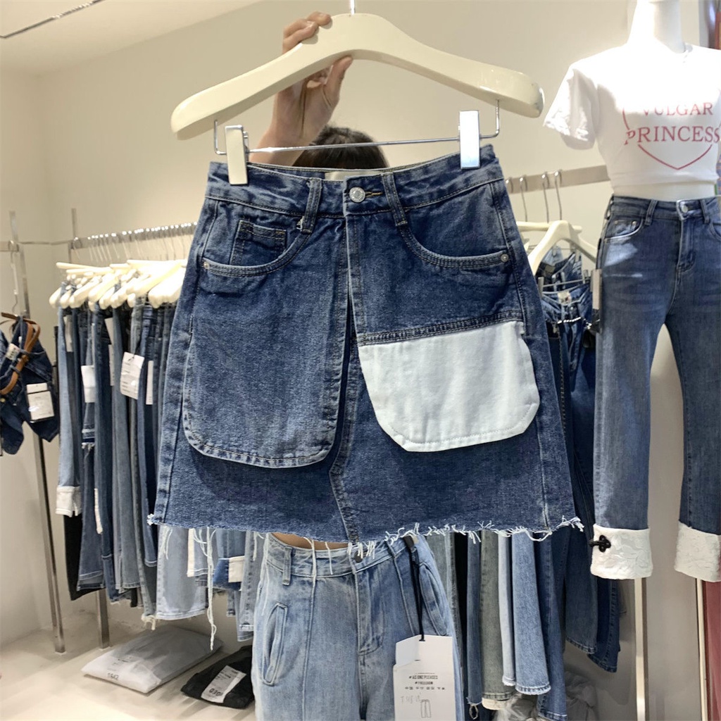 Jiashucheng Chân Váy Denim Chữ A Lưng Cao Phối Túi Thiết Kế Bất Đối Xứng Phong Cách Hàn Quốc Thời Trang Mùa Hè Cho Nữ