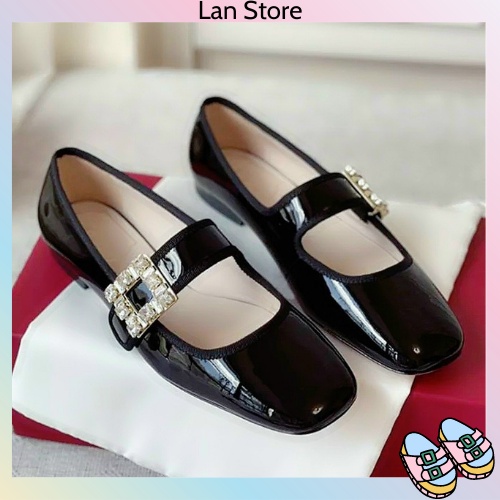 Giày búp bê nữ đế bệt da bóng quai ngang đính đá vuông phong cách xinh xắn cho nữ - Mã BG56