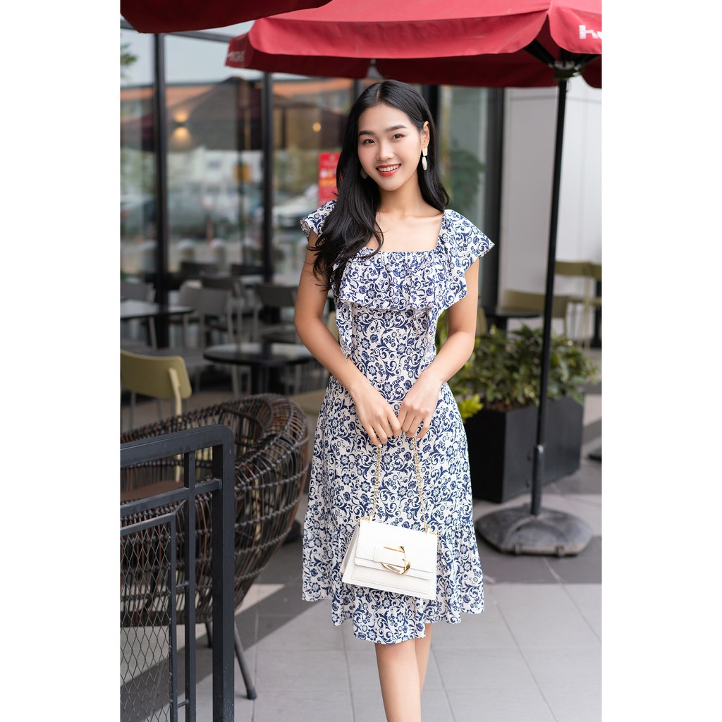 Đầm xòe ngắn tay bèo vai 20AGAIN DEW0756 | BigBuy360 - bigbuy360.vn