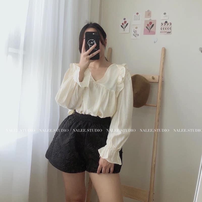 Quần sooc cạp chun dáng bồng chất xốp hoa nổi Ulzzang