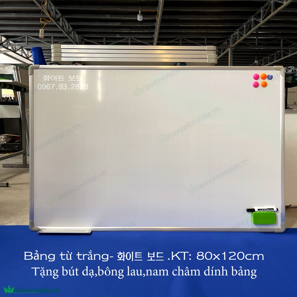 Bảng từ trắng - viết bút dạ ,hít nam châm ,KT : 1m2 x 1m5 ,tặng bút dạ ,bông lau,nam châm