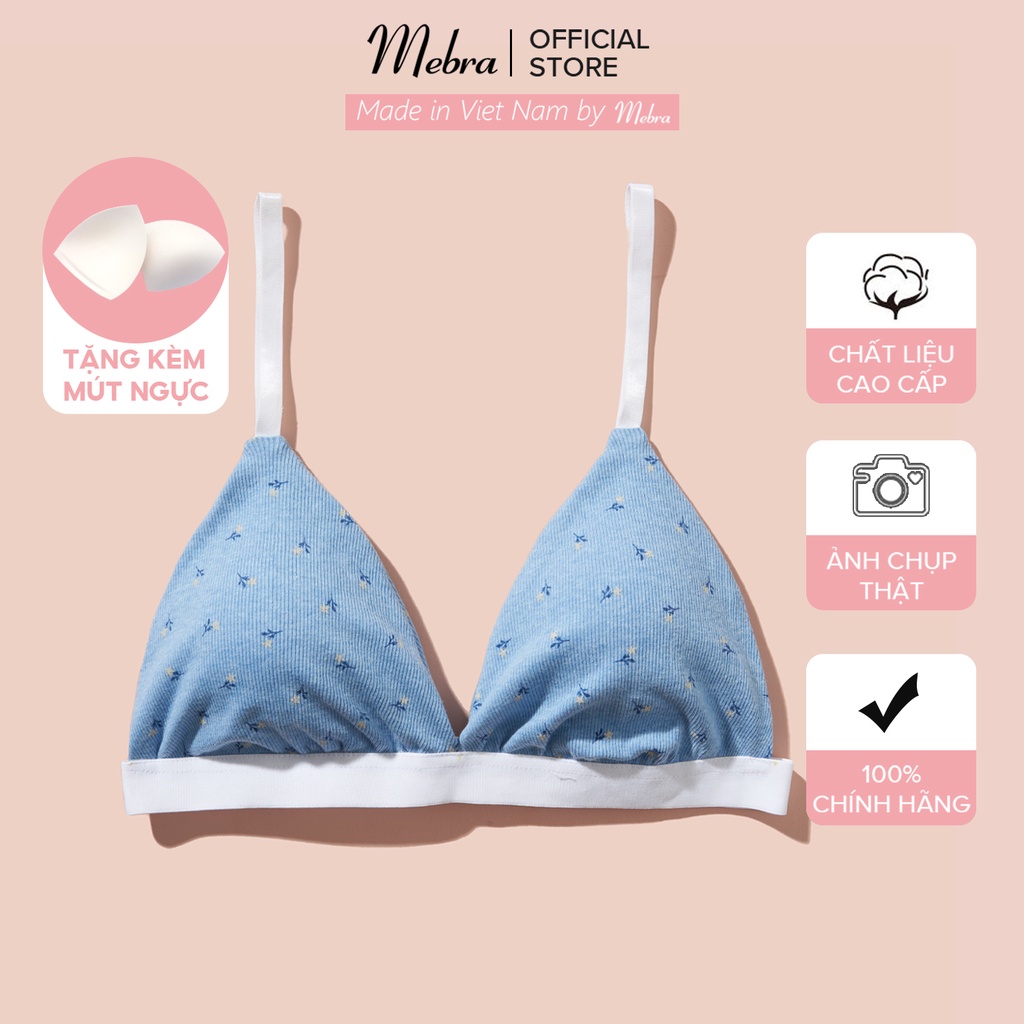 Áo lót nữ cotton gân không gọng không đệm 2 lớp dày dặn có khe nhét mút màu xanh dương co giãn thấm hút tốt Mebra A038