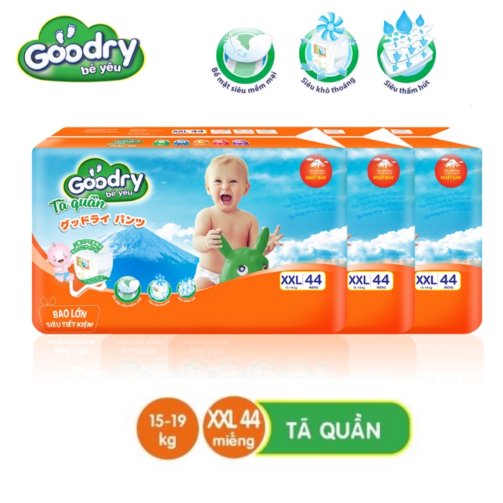 Combo 3 bịch tã quần Goodry XXL44 (15-19kg) - Công nghệ Nhật Bản thấm hút thật nhanh