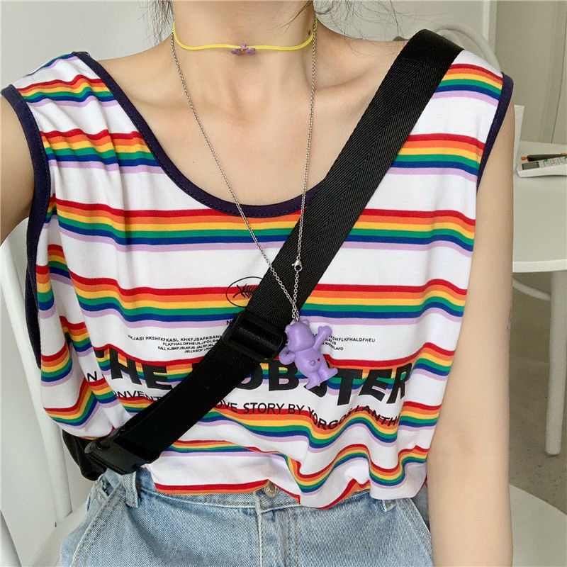 Áo không tay nữ Dáng Rộng In Chữ Màu Cầu Vồng Phong Cách Hàn Quốc Hàng Mới