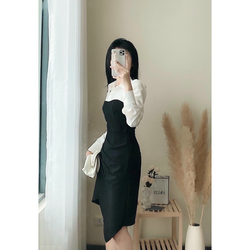 ĐẦM ĐEN NHÚN XẾP LI HÔNG LỆCH VẠT PHỐI CỔ SƠMI TRẮNG TAY DÀI KÈM ẢNH THẬT | BigBuy360 - bigbuy360.vn