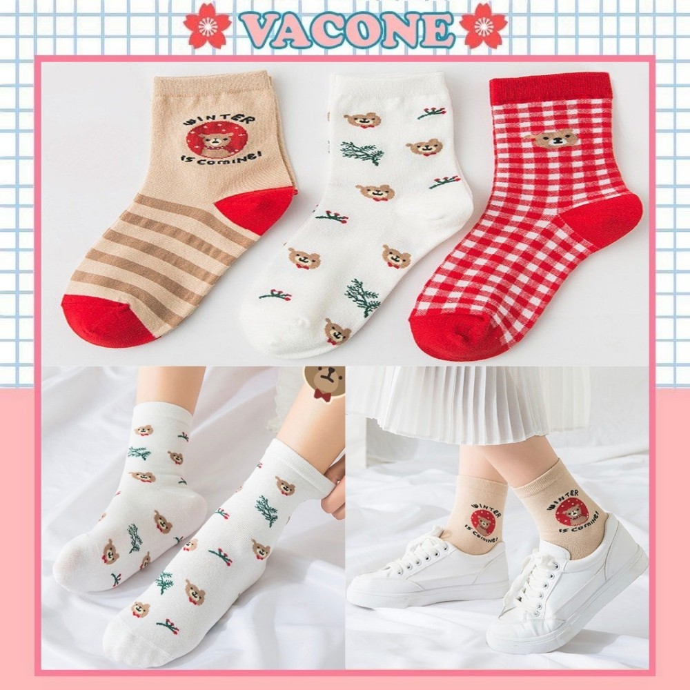 Tất nữ cổ cao Vacone tất gấu vui nhộn đáng yêu TN110