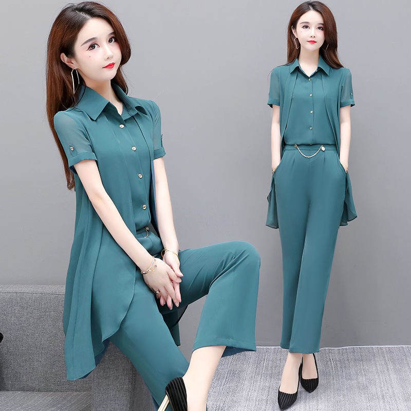 Bộ đồ voan nữ thời trang hè 2021 phiên bản mới hàn quốc dáng suông rộng rãi khí chất mẹ bầu quần ống hai mảnh