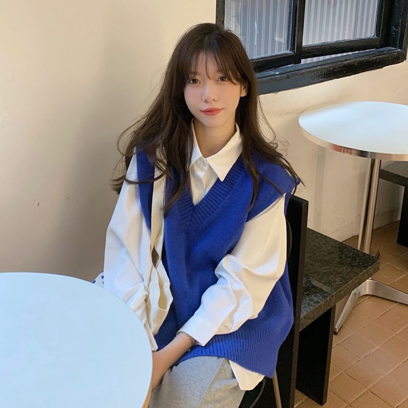 Bộ Đồ Nữ Hàn Quốc Mới Đại Học Cổ Chữ V Dệt Kim