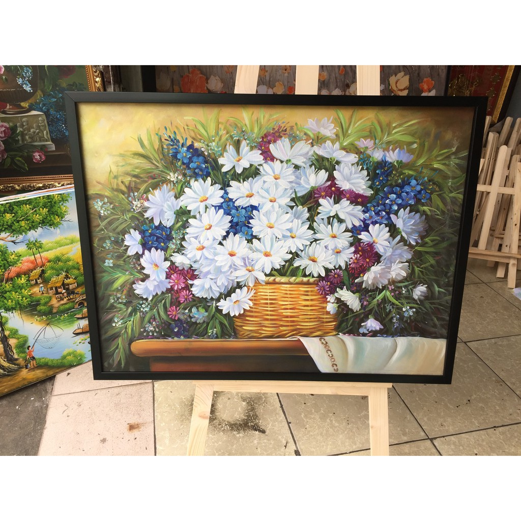 Tranh treo tường tranh sơn dầu mẫu hoa và phong cảnh kèm khung đẹp