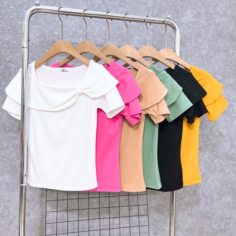 Áo kiểu cổ nơ lệch ngắn tay, Áo thun kiểu dáng ôm co giãn CS6262 - NhiNhi Shop