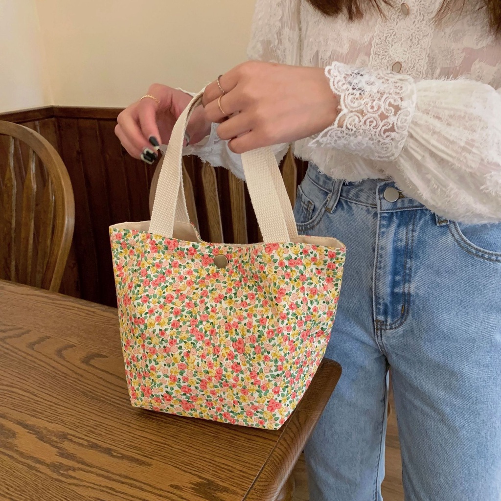 Túi tote mini vải canvas hai mặt với nút bấm bằng đồng phong cách Hàn Quốc