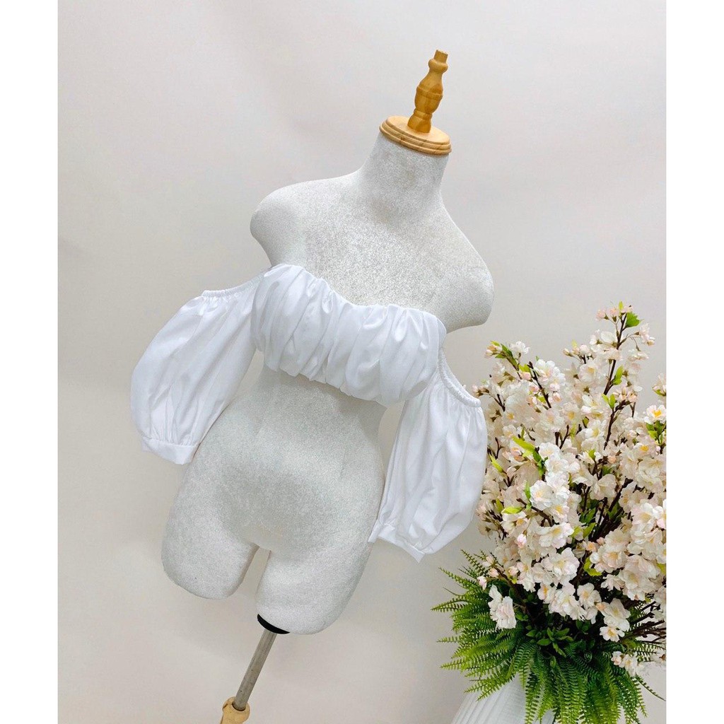 [Mã 155FASHIONSALE giảm 100% đơn 150K] (HÌNH THẬT) Áo Xếp Ly Ngực Tay Phồng CROPTOP (TRẮNG)