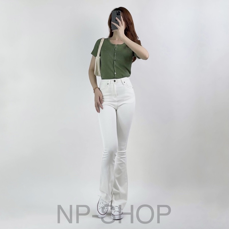Quần jean ống loe lưng cao NPSHOP màu trắng trơn dài, quần bò nữ trắng cạp cao loe nhẹ JNIK007