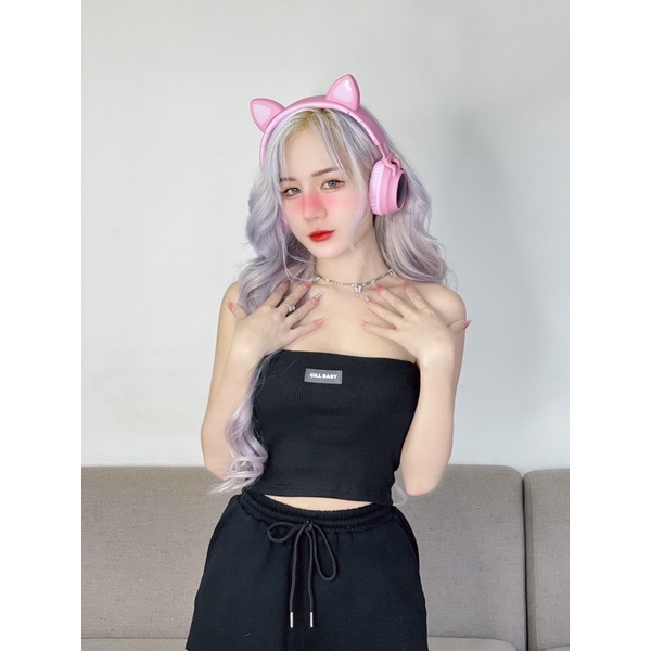 GILLBABY | Áo ống quây ngực cơ bản logo thun gân màu đen trắng sexy năng động-basic tube top