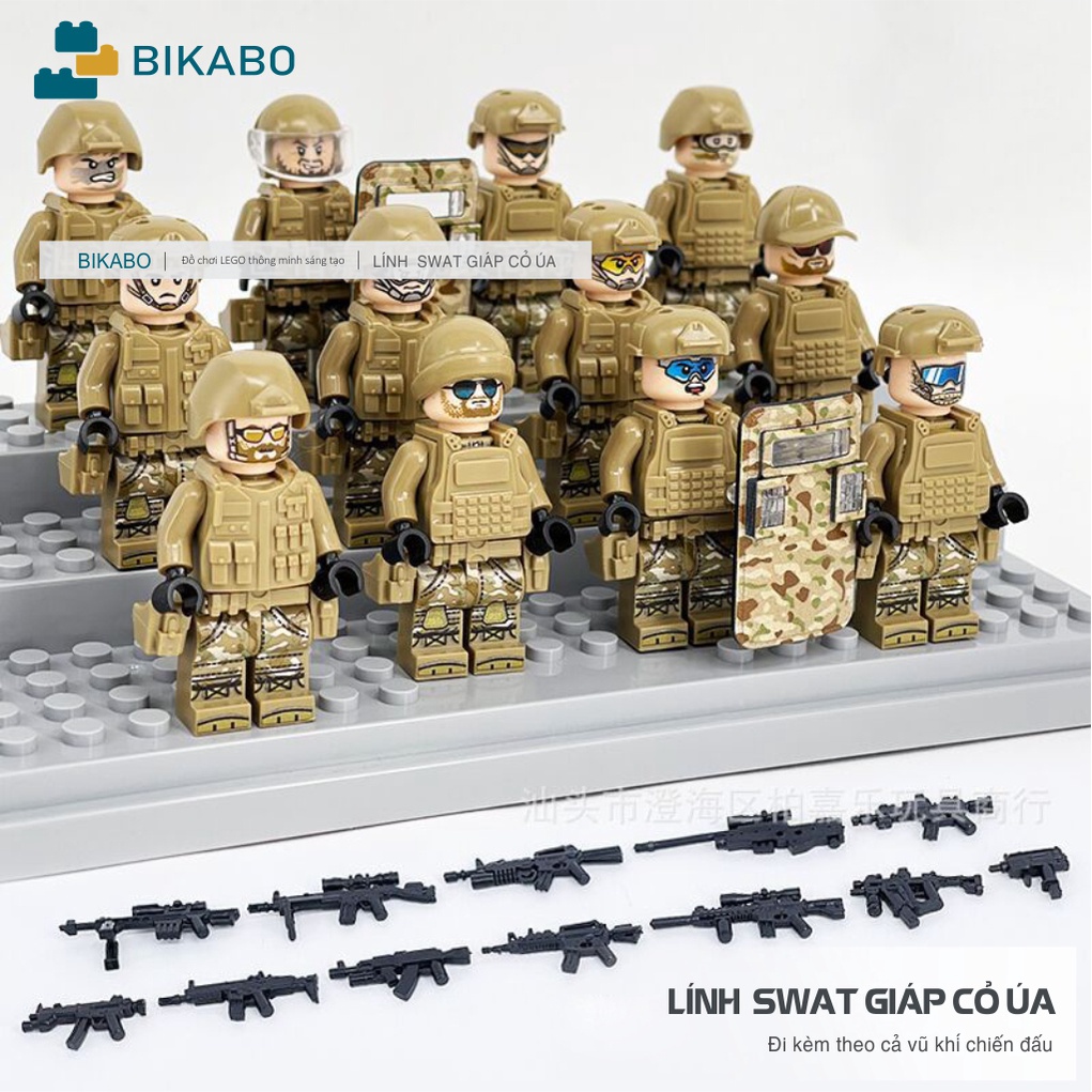 Mô hình minecraft, đồ chơi lắp ráp lính swat màu cỏ úa , BIKABO