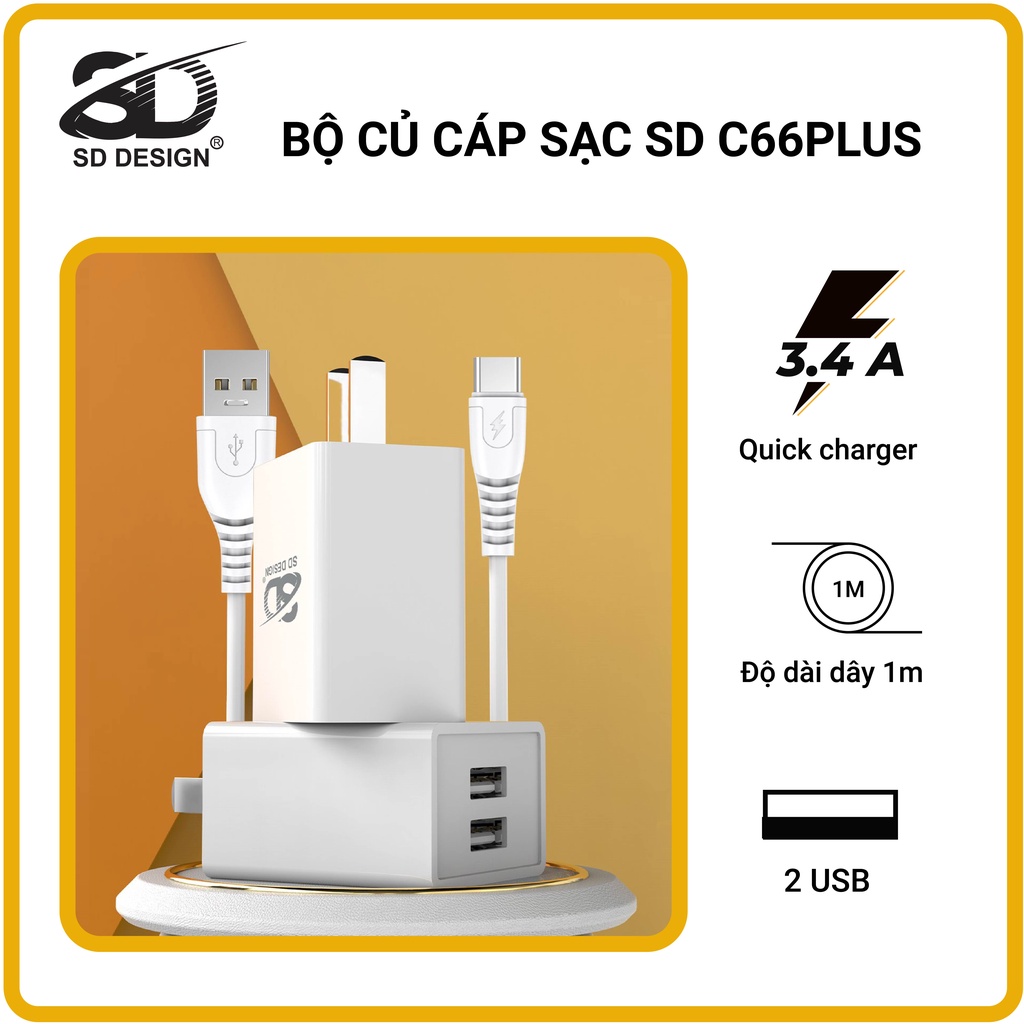 Bộ Củ + Cáp 2 Cổng sạc Usb C66 Plus chính hãng SD DESIGN sạc nhanh an toàn cho điện thoại iphone, samsung, oppo, xiaomi