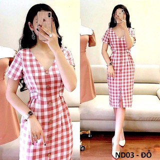 [HÀNG MỚI VỀ SIÊU HOT] ĐẦM BODY CARO XẺ TÀ ĐÍNH NÚT CAO CẤP - ND03