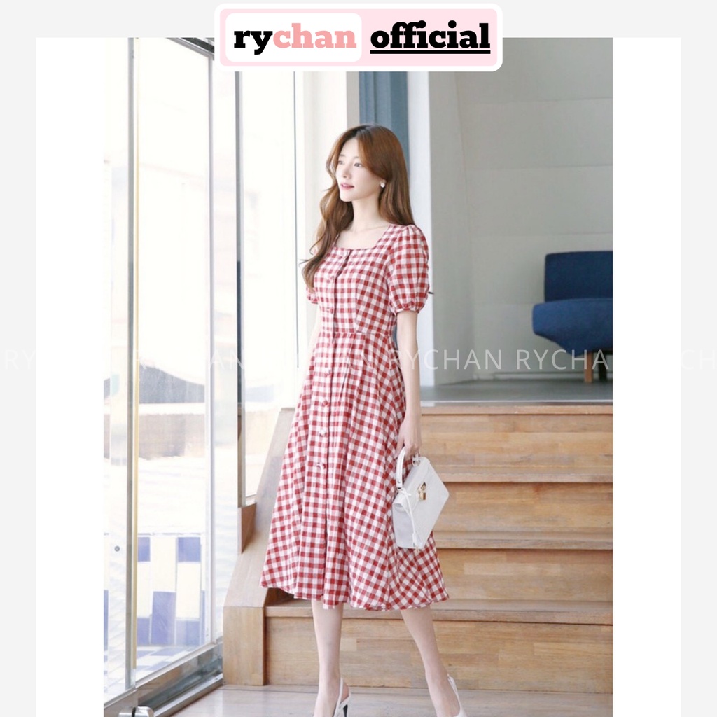 [ẢNH THẬT CUỐI] Đầm Xòe Midi Caro Cổ Vuông Đính Nút Bọc Tay Ngắn - DX991