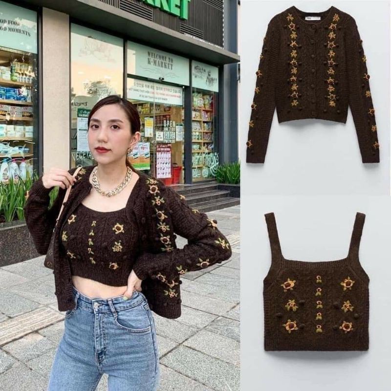 Áo len Cardigan thêu hoa Zara auth newtag