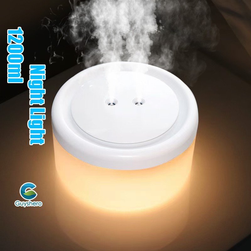 Máy phun sương cổng đôi tạo ẩm 1200ml kiêm đèn ngủ LED màu ấm áp