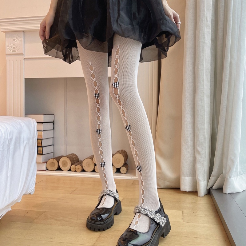Xiangbao Quần Tất Lưới Rỗng Đính Nơ Kẻ Sọc Caro Trái Tim Khoét Rỗng Trước Ngọt Ngào Phong Cách Lolita Nhật Bản
