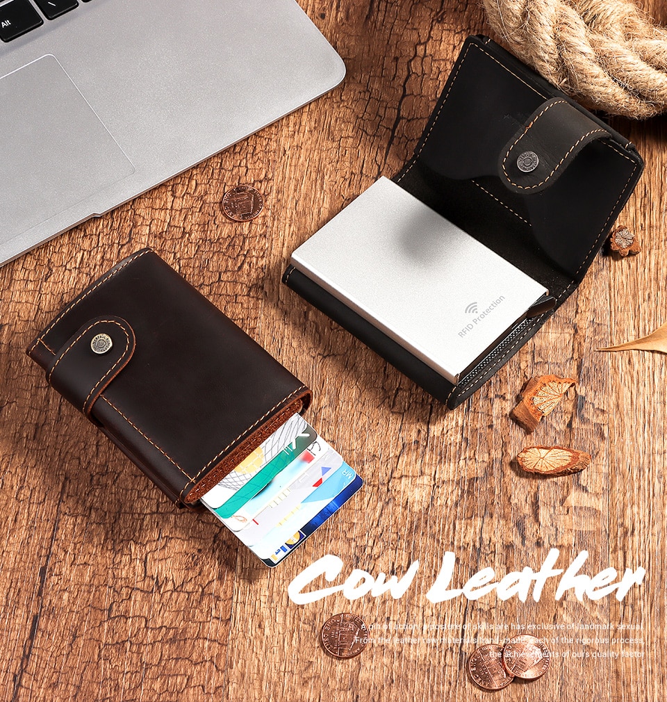 Chủ thẻ chặn RFID Ví nam Tự động bật lên Hộp đựng thẻ ID Crazy Horse Leather Ví tiền xu Nam Hộp nhôm