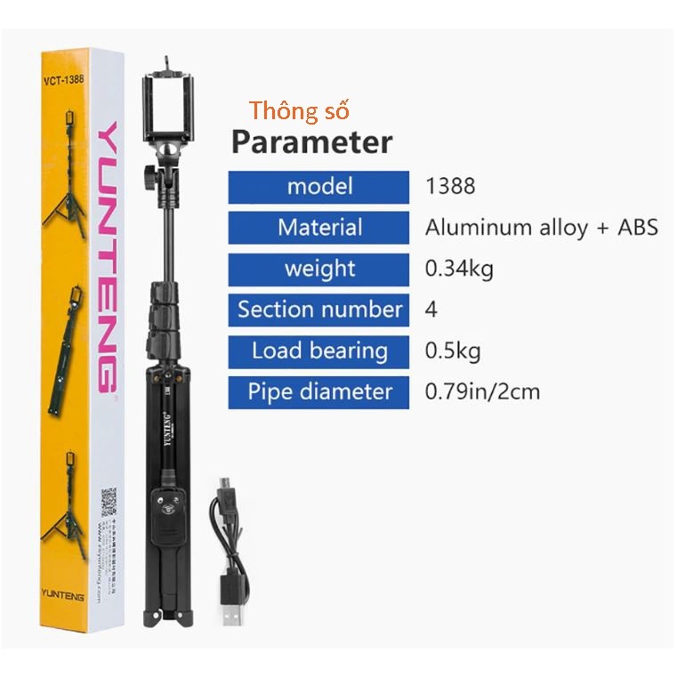 Gậy Tự Sướng Yunteng, Yunding 1388 Kèm Chân Đế 2in1 Vừa Làm Gậy Selfie Vừa Làm Tripod