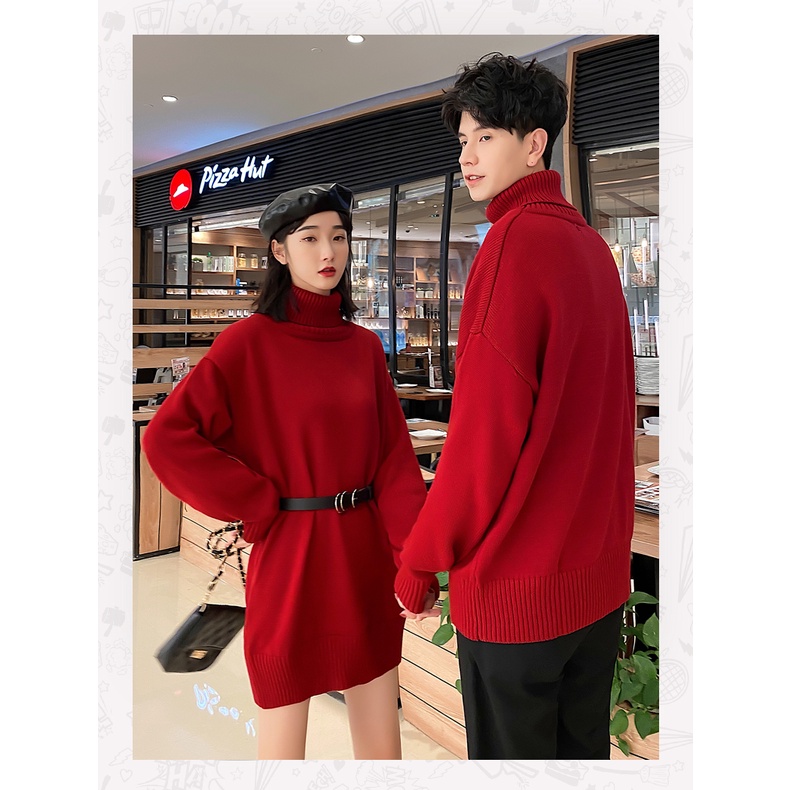 Đồ couple đỏ cặp đôi nam nữ tết noel giáng sinh áo tay dài cổ lọ cao thu đông+đầm thắt nịch eo thon ulzzang có big siz